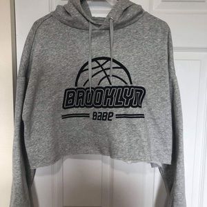 H&M Grey Cropped “Brooklyn Babe” Hooded Sweatshirt
